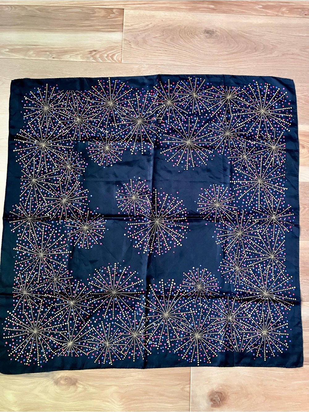 Vintage 100% Silk  Square Scarf with Multicolor Fireworks Starburst Print